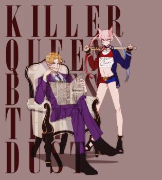 1boy 1girl ? animal_ears baseball_bat blue_eyes blue_hair blush cat_ears commentary_request cosplay crossed_legs dc_comics dc_extended_universe diamond_wa_kudakenai flat_chest formal_clothes groin harley_quinn harley_quinn_(cosplay) high_heels holding holding_baseball_bat humanization jacket jojo_no_kimyou_na_bouken killer_queen kira_yoshikage lowleg lowleg_shorts micro_shorts midriff multicolored_hair multicolored_jacket pants pink_hair purple_jacket purple_pants purple_suit red_hair sempon_(doppio_note) shorts slit_pupils stiletto_heels suicide_squad suit sweatdrop twintails two-tone_jacket