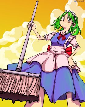 Rule 34 | 1girl, absurdres, android, apron, blue dress, blue eyes, bow, chymess, cloud, dress, frilled sleeves, frills, from below, green hair, highres, holding, holding mop, maid apron, maid headdress, mop, orange sky, parody, red bow, red ribbon, ribbon, ruukoto, short hair, sky, touhou, touhou (pc-98)