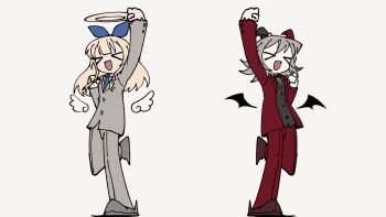 >_< 2girls :d aiobahn akuma_(tententengokujigokugoku) angel_and_devil animated animated_gif arm_up black_bow black_bowtie black_vest blonde_hair blue_bow blue_necktie bow bowtie brown_shoes buttons commentary_request dancing facing_viewer formal_clothes full_body grey_hair grey_jacket grey_pants grey_shirt grey_shoes grey_suit grey_vest hair_bow highres horn_bow horn_ornament horns jacket jumping long_hair medium_hair multiple_girls necktie odayaka open_clothes open_jacket open_mouth pant_suit pants red_jacket red_pants red_suit shirt shoes sidelocks simple_background smile standing standing_on_one_leg suit suit_jacket tenshi_(tententengokujigokugoku) tententengokujigokugoku_(aiobahn) vest waistcoat white_background white_shirt xd