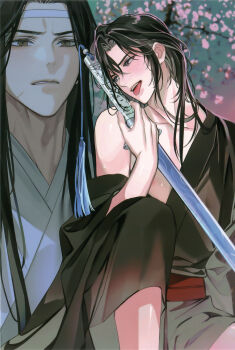 Rule 34 | 2boys, absurdres, alternate hairstyle, bare shoulders, bichen sword, black hair, black hanfu, blurry, blurry background, blush, borrowed weapon, branch, chinese clothes, collarbone, flower, full-face blush, gearous, hair down, hanfu, headband, highres, holding, holding sword, holding weapon, jian (weapon), knee up, lan wangji, licking, licking weapon, long hair, long sleeves, looking at another, male focus, modao zushi, multiple boys, nipples, off shoulder, official art, open clothes, open mouth, open robe, outdoors, parted lips, pink flower, purple eyes, red sash, robe, saliva, saliva trail, sash, seductive smile, sexually suggestive, sheath, sheathed, sidelocks, single bare shoulder, sitting, smile, sweat, sword, sword tassel, tassel, third-party source, tongue, tongue out, upper body, weapon, wei wuxian, white hanfu, white headband, wide sleeves, yaoi, yellow eyes