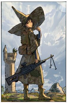 1girl ammunition_pouch anti-aircraft anti-aircraft_gun black_hair blue_sky boots bulletproof_vest camouflage cigarette dress green_eyes gun hat highres holding holding_cigarette holding_gun holding_weapon light_machine_gun machine_gun optical_sight original pouch robe scope short_hair sky sleeves_rolled_up smoking solo tower tree van_duck_iii weapon witch witch_hat