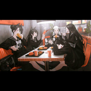 1boy 6+girls agent_(girls'_frontline) architect_(girls'_frontline) berezovich_kryuger_(girls'_frontline) black_hair burger cellphone computer dreamer_(girls'_frontline) food french_fries gager_(girls'_frontline) girls'_frontline judge_(girls'_frontline) multiple_girls ouroboros_(girls'_frontline) phone plant potted_plant reoen restaurant sangvis_ferri