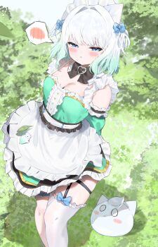 1girl absurdres apron aqua_dress aqua_hair aqua_sleeves blue_bow blue_eyes blush bow breasts cleavage closed_mouth commentary densetsu.exe detached_sleeves dress gradient_hair grey_hair hair_bow highres itokai looking_at_viewer maid_apron maid_headdress medium_breasts medium_hair mint_fantome mint_fantome_(minto_2.0) multicolored_hair outdoors solo spoken_blush symbol-only_commentary virtual_youtuber wisps_(mint_fantome)