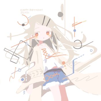 1girl belt black_belt blonde_hair blue_shorts blush_stickers camisole colo_(frypan_soul) colored_eyelashes cowboy_shot dated floating_hair gakuen_idolmaster grey_robe hair_ornament hairclip happy_birthday highres idolmaster limited_palette long_hair long_sleeves looking_to_the_side midriff_peek open_clothes open_mouth open_robe orange_eyes orange_ribbon parallel_hairclips parted_bangs ribbon robe rope_belt shapes shinosawa_hiro shorts solo white_background white_camisole wide_sleeves