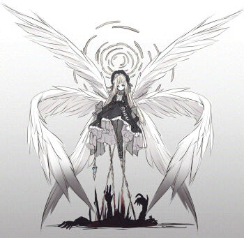 Rule 34 | 1girl, angel wings, black dress, blonde hair, blue eyes, bound, bound legs, chained legs, closed mouth, commentary request, disembodied hand, dot mouth, dress, expressionless, flat chest, full body, gothic lolita, hisui (syarute), lolita fashion, long hair, looking at viewer, original, oversized wings, solo, wings