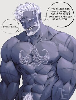 1boy abs absurdres beard colored_skin connected_beard english_text facial_hair full_beard grey_skin highres large_pectorals looking_at_viewer male_focus mature_male monster_boy mrputt muscular muscular_male navel navel_hair nipples orc original pectorals pointy_ears seductive_smile shredded_muscles smile solo stomach thick_beard thick_chest_hair thick_eyebrows thick_navel_hair tsurime tusks upper_body