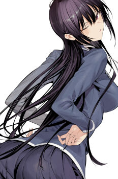 1girl ass black_hair black_skirt blue_jacket bow breasts from_behind hair_between_eyes hair_ribbon haite_kudasai_takamine-san hiiragi_yuuichi jacket large_breasts long_hair one_eye_closed open_mouth red_bow ribbon school_uniform skirt solo takamine_takane white_ribbon