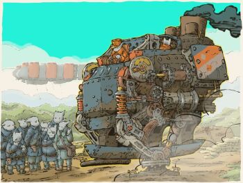6+boys aircraft airship animal_ears bag belt border cat_boy cat_ears commentary_request crossed_arms day dust eyepatch furry furry_male hand_on_own_chin hat highres jacket machinery mecha military_jacket military_uniform motor_vehicle multiple_boys original outdoors pants piloting rivets robot shako_cap shoulder_bag sky smoke soldier standing stroking_own_chin white_border yabarn