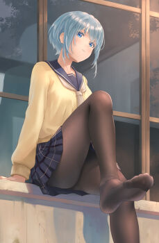 1girl absurdres alice_gear_aegis blue_eyes blue_hair feet highres kanogawa_hiro looking_at_viewer medium_hair nina_kalinina pantyhose parted_lips school_uniform serafuku soles toes
