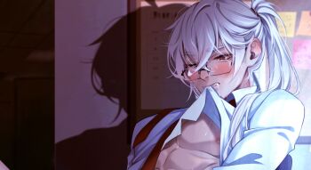 1girl a_date_with_death abs blush bulletin_board casper_(a_date_with_death) clothes_in_mouth collared_shirt double-parted_bangs drooling flustered genderswap genderswap_(mtf) glasses half-closed_eye high_ponytail highres looking_at_viewer mouth_hold necktie nipple_slip nipples official_art one_eye_closed paid_reward_available ponytail promotional_art red_eyes red_necktie shadow shirt shirt_in_mouth sidelighting solo toned toned_female upper_body white_shirt