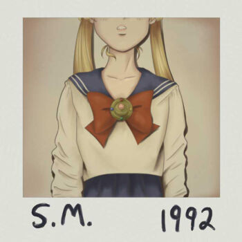 1992 1girl album_cover_redraw bishoujo_senshi_sailor_moon blonde_hair blue_skirt bow bowtie derivative_work diha-artwork english_text long_hair music open_mouth parody photo_(object) polaroid_photo red_bow red_bowtie school_uniform serafuku shirt simple_background skirt smile solo standing taylor_swift tsukino_usagi white_shirt