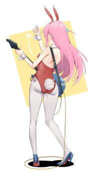 1girl absurdres animal_ears ass blue_bow blue_bowtie bocchi_the_rock! bow bowtie breasts bygin cube_hair_ornament electric_guitar fake_animal_ears from_behind full_body gotoh_hitori guitar hair_ornament hairband high_heels highres holding holding_instrument holding_plectrum instrument kita_ikuyo leotard long_hair medium_breasts pantyhose pink_hair playboy_bunny plectrum rabbit_tail red_hairband red_leotard side_ahoge solo sticker strap tail white_pantyhose wire yamaha_pacifica