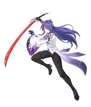 1girl absurdres acheron_(honkai:_star_rail) adapted_costume armor belt black_belt black_boots black_gloves black_pants black_shirt boots breasts chain chain_around_arm closed_mouth coat coattails commentary earrings elbow_gloves fighting_stance full_body gloves hair_ornament hair_over_one_eye high_heel_boots high_heels highres holding holding_sword holding_weapon honkai:_star_rail honkai_(series) jewelry katana long_hair looking_at_viewer multicolored_hair non-web_source pants purple_eyes purple_hair revision shirt shoulder_armor single_elbow_glove single_wide_sleeve small_breasts solo streaked_hair sword transparent_background uta_guipiy weapon white_coat