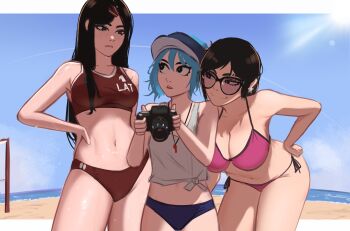 3girls absurdres artist_self-insert beach beach_volleyball bikini black-framed_eyewear black_eyes black_hair blue_eyes blue_hair blue_sky body_freckles breasts camera cloud contrapposto day erka_(veyonis) fisheye freckles glasses hair_ornament hairclip half-closed_eyes hand_on_own_hip hanging_breasts hat highres holding holding_camera horizon kadence_(veyonis) large_breasts leaning_forward long_hair medium_breasts multiple_girls navel ocean original outdoors parted_lips pink_bikini ponytail red_sports_bra rosen_(veyonis) sand side-tie_bikini_bottom sky smile sports_bra sportswear stomach straight_hair swimsuit talking tinted_eyewear toned toned_female veyonis visor_cap volleyball_uniform water wet whistle whistle_around_neck