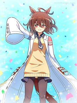 1girl agnes_tachyon_(tach-nology)_(umamusume) agnes_tachyon_(umamusume) ahoge animal_ears black_necktie black_pantyhose black_shirt blue_background brown_hair chemical_structure closed_mouth coat collared_shirt commentary_request confetti cowboy_shot earrings hair_between_eyes highres horse_ears horse_girl horse_tail huge_ahoge jewelry lab_coat long_sleeves looking_at_viewer medium_hair necktie nene_man outstretched_arm pantyhose red_eyes shirt single_earring sleeves_past_fingers sleeves_past_wrists smile solo sweater tail testicles umamusume white_coat yellow_sweater