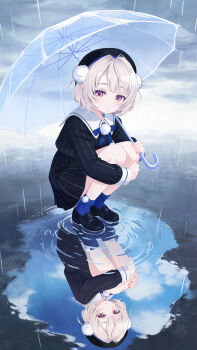 Rule 34 | 1girl, absurdres, beret, black dress, black hat, black shoes, black skirt, blue ribbon, blue socks, blush, bow, bowtie, closed mouth, cloud, cloudy sky, commentary request, different reflection, dress, full body, fylinchi5945, hair ornament, hat, highres, holding, holding umbrella, hugging own legs, jacket, loafers, long sleeves, looking at viewer, outdoors, pinstripe pattern, pinstripe skirt, pom pom (clothes), pom pom hair ornament, puddle, rain, red eyes, reflection, ribbon, ripples, sailor collar, school uniform, shirt, shoes, short hair, skirt, sky, socks, solo, squatting, ui (voisona), umbrella, voisona, water