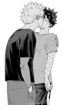 2boys arm_around_shoulder bakugou_katsuki boku_no_hero_academia closed_eyes commentary_request crew_neck facial_scar freckles greyscale hand_in_pocket kiss kyou_mo_sushi male_focus midoriya_izuku monochrome multiple_boys multiple_scars pants parted_bangs scar scar_on_arm scar_on_cheek scar_on_face shirt short_hair short_sleeves simple_background spiked_hair t-shirt white_background yaoi