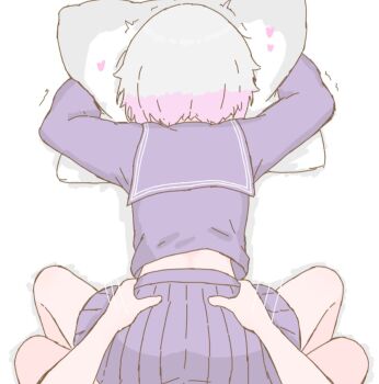 1boy 1girl age_difference ass bent_over blue_serafuku blue_skirt hugging_object loli long_sleeves lying mahou_shoujo_no_majo_saiban motion_lines multicolored_hair on_bed on_stomach pale_skin pillow pillow_hug pink_hair sakuraba_ema school_uniform serafuku sex sex_from_behind short_hair simple_background skirt tabedesuyo top-down_bottom-up two-tone_hair white_background white_hair