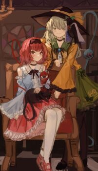 2girls absurdres animalization bird black_choker black_hat black_thighhighs blue_shirt blush bow buttons cape cat choker closed_mouth collared_shirt commentary crow diamond_button eyeball frilled_shirt_collar frilled_sleeves frills green_bow green_eyes green_hair green_skirt hair_ornament hair_ribbon hairband hat hat_ribbon heart heart_hair_ornament highres kaenbyou_rin kaenbyou_rin_(cat) komeiji_family_(touhou) komeiji_koishi komeiji_satori long_hair long_sleeves looking_at_viewer medium_hair multiple_girls multiple_tails pink_eyes pink_hair pink_skirt reiuji_utsuho reiuji_utsuho_(bird) ribbon shirt siblings sisters sitting skirt smile tail thighhighs third_eye touhou two_tails vanilla_flan white_thighhighs yellow_ribbon yellow_shirt