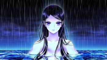 1girl black_hair blue_sky breasts cloud commentary_request dark_cloud dark_sky highres italian_commentary long_hair marco_albiero medium_breasts mortebianca overcast partially_submerged pink_lips purple_eyes rain sky solo upper_body