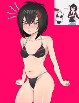 1girl 1other ^^^ absurdres anger_vein angry annoyed antenna_hair ass bikini black_bikini black_hair black_necktie black_sweater blue_skirt bluebutter blush bob_cut breasts bright_pupils brown_eyes clenched_hands clothes_hanger collarbone commentary constricted_pupils cowboy_shot derivative_work disembodied_hand dress_shirt dual_persona embarrassed english_commentary eyelashes frown groin hair_between_eyes hair_ornament highres holding holding_clothes_hanger holding_swimsuit holding_unworn_clothes long_bangs long_sleeves looking_at_object looking_at_viewer marvel midriff narrowed_eyes navel necktie nose_blush notice_lines open_mouth peni_parker pleated_skirt red_sweater reference_inset ribs school_uniform shirt shirttail short_hair simple_background skirt small_breasts solo_focus spider-man:_across_the_spider-verse spider-man_(series) spider-verse string_bikini surprised suthep sweater swimsuit teeth two-tone_sweater unworn_bikini unworn_swimsuit upper_teeth_only v-shaped_eyebrows white_background white_shirt x_hair_ornament
