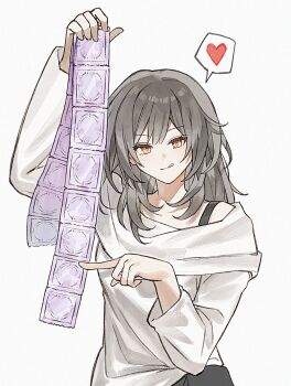 1girl commentary condom condom_packet_strip condom_wrapper grey_hair heart highres holding holding_condom honkai:_star_rail honkai_(series) ikasuyosei licking_lips long_hair looking_at_viewer pointing pointing_to_the_side shirt simple_background solo spoken_heart stelle_(honkai:_star_rail) symbol-only_commentary tongue tongue_out trailblazer_(honkai:_star_rail) upper_body white_background white_shirt yellow_eyes