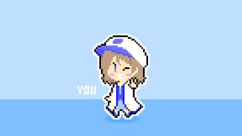 1girl 8-bit ;) anchor_symbol aqua_background aqua_eyes aqua_neckerchief aqua_skirt artist_name artist_request bare_legs blue_eyes blue_footwear blue_neckerchief blue_shirt blush boots breasts brown_hair checkered_clothes checkered_neckerchief chibi collared_shirt crescent_moon_symbol earrings female_focus full_body grey_hair hair_between_eyes hat jacket jewelry light_brown_hair long_sleeves looking_at_viewer love_live! love_live!_sunshine!! mirai_no_bokura_wa_shitteru_yo neckerchief one_eye_closed parted_lips pleated_skirt sailor_collar shirt shoes short_hair skirt smile solo striped_neckerchief v watanabe_you white_hat white_jacket white_sailor_collar