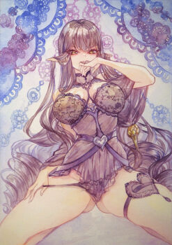 1girl babydoll black_hair breasts chikinan_tarou fate/grand_order fate_(series) highres large_breasts lingerie long_hair looking_at_viewer painting_(medium) panties panty_pull pointy_ears semiramis_(bitter_jewel)_(fate) semiramis_(fate) solo traditional_media underwear watercolor_(medium) yellow_eyes