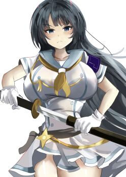 Rule 34 | 1girl, absurdres, black hair, blue eyes, blue sailor collar, breasts, buttons, commentary request, double-breasted, dress, gloves, highres, holding, holding sheath, holding sword, holding weapon, huge breasts, ikaruga (senran kagura), kuriyafu, long hair, looking at viewer, neckerchief, sailor collar, senran kagura, sheath, simple background, solo, sword, unsheathing, very long hair, weapon, white background, white dress, white gloves, yellow neckerchief