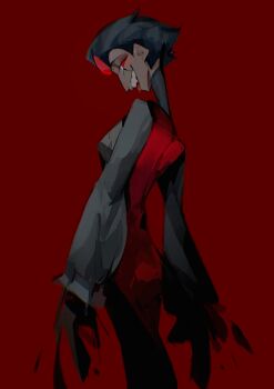 1boy absurdres casual demon demon_boy eyewear_on_head grey_hair hellaverse helluva_boss highres looking_back mudeng_juice red_background solo stolas_(helluva_boss)