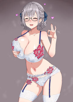 1girl absurdres blush bra braid breasts cleavage fellatio_gesture garter_belt gozaru green_eyes grey_hair highres hololive huge_breasts lace lace-trimmed_bra lace-trimmed_panties lace_trim lingerie panties shirogane_noel thighhighs underwear underwear_only virtual_youtuber white_bra