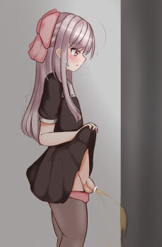 1boy blush censored clothes_lift clothes_pull crossdressing crossdressing_(mtf) dress dress_lift hair_ribbon highres lifting_own_clothes lockjaw long_hair male_focus original panties panty_pull pantyhose pantyhose_pull peeing peeing_on_wall penis purple_hair red_eyes red_ribbon ribbon shota small_penis solo testicles trap underwear