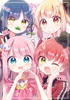 Rule 34 | 4girls, :d, absurdres, ascot, black hat, blonde hair, blue eyes, blue hair, bocchi the rock!, branch, brooch, collared dress, commentary request, cube hair ornament, dot nose, double v, dress, eyes visible through hair, gotoh hitori, green hair, hair ornament, hairclip, hands up, haruiroha, hat, heart, heart hands, highres, holding, holding branch, ijichi nijika, inset border, jewelry, kita ikuyo, leaf, leaf in mouth, light blush, long hair, looking at viewer, mini hat, mini top hat, multiple girls, one eye closed, open mouth, parted lips, pink dress, pink hair, rabbit hair ornament, red dress, red eyes, red hair, short hair, side ponytail, sidelocks, sleeveless, sleeveless dress, smile, star (symbol), sweatdrop, top hat, v, white ascot, yamada ryo