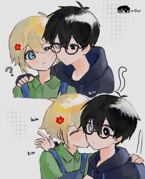 2boys ? antenna_hair basil_(faraway)_(omori) basil_(omori) black-framed_eyewear black_eyes black_hair black_hoodie blonde_hair blue_eyes bright_pupils closed_mouth collared_shirt commentary flower glasses green_shirt hair_flower hair_ornament highres hood hoodie kiss kissing_cheek looking_at_another male_focus multiple_boys omori semi-rimless_eyewear shirt short_hair spoilers sunny_(omori) ttyyuwwuw under-rim_eyewear white_pupils yaoi