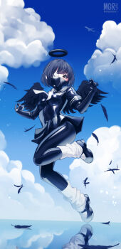 1girl absurdres aircraft airplane black_bodysuit black_hair black_sailor_collar black_wings bodysuit brown_eyes cloud covered_navel eyepatch feathered_wings feathers halo highres latex latex_bodysuit latex_serafuku latex_shirt latex_skirt maguro27 mary_janes mask medical_eyepatch mini_wings mouth_mask original reflection sailor_collar sailor_shirt school_uniform serafuku shiny_clothes shirt shoes short_hair skin_tight solo wings