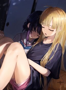 Rule 34 | 2girls, absurdres, ahoge, black hair, black shirt, blonde hair, blue neckerchief, blunt bangs, cho kaguya-hime!, closed eyes, collarbone, commentary, drooling, highres, indoors, kaguya (cho kaguya-hime!), knees up, leaning on person, long hair, long sidelocks, mouth drool, multiple girls, neckerchief, okuquiq, open mouth, pink shorts, sailor collar, sakayori iroha, school uniform, serafuku, shirt, short sleeves, shorts, sidelocks, sitting, sleeping, sleeping on person, sleeping upright, sliding doors, t-shirt, untranslatable commentary, white serafuku