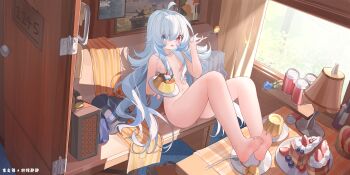 1girl absurdres artist_name barefoot blue_eyes blue_flower blue_hair blue_rose cake cake_slice can curtains desk_lamp flower food hat heterochromia highres holding holding_spoon lamp long_hair military_vehicle motor_vehicle ningmeng_jing_jing_jing_jing nude original pudding red_eyes rose soles solo spoon suitcase tank very_long_hair