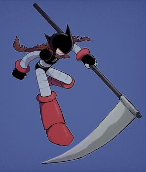 Rule 34 | alternate universe, atom (tetsuwan atom), cape, flower, highres, holding, holding scythe, joints, marias (harako), non-humanoid robot, robot, robot joints, scythe, tetsuwan atom, torn cape, torn clothes, yellow eyes
