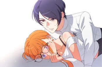 1boy 1girl black-framed_eyewear black_pants blue_eyes blue_hair blunt_bangs blush body_blush boy_on_top bra_strap commentary_request covering_own_mouth dress_shirt fleur-de-lis glasses hand_blush head_on_pillow hetero highres kitagawa_yuusuke korean_commentary kosei_high_school_uniform long_hair long_sleeves looking_at_another looking_down malang_face midriff_peek nose_blush off-shoulder_shirt off_shoulder on_bed orange_hair pants parted_bangs parted_lips persona persona_5 pillow purple_eyes sakura_futaba school_uniform shirt short_hair short_sleeves simple_background sweatdrop upper_body white_background white_shirt