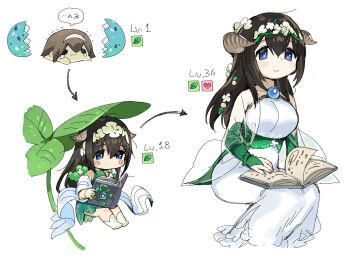 1girl black_hair blue_eyes blue_nails book breasts bridal_gauntlets brown_hair dress egg evolution gloves green_dress green_gloves hair_between_eyes hairband hatching highres horns idolmaster idolmaster_cinderella_girls large_breasts leaf_umbrella level_up long_dress multiple_views nail_polish reading sagisawa_fumika see-through_clothes shawl simple_background sitting sleeveless spawnfoxy speech_bubble white_background white_dress