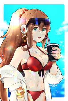 1girl android bikini bird bracelet breasts brown_hair commentary_request cup earrings eyes_visible_through_hair green_eyes hair_between_eyes high_ponytail highres holding holding_cup iris_(mega_man) iris_-another-_(mega_man) jacket jewelry large_breasts long_hair looking_at_viewer mega_man_(series) mega_man_x_(series) mega_man_x_dive nail_polish necklace ocean open_mouth ponytail red_bikini rikka_(user_hruv2435) robot_ears robot_girl seagull signature solo sunglasses swimsuit very_long_hair white_jacket