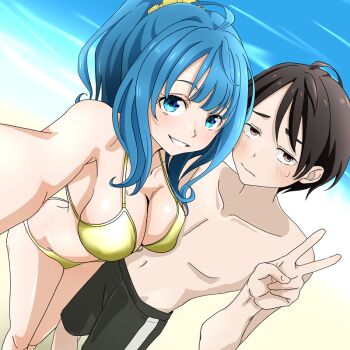 1boy 1girl ahoge beach bikini black_hair black_male_swimwear black_shorts blue_eyes blue_hair breast_press breasts brown_eyes cleavage closed_mouth collarbone commentary_request dutch_angle grin hand_up large_breasts make_heroine_ga_oo_sugiru! male_swimwear medium_hair navel nukumizu_kazuhiko ponytail ruri_(ruri_) scrunchie selfie short_hair shorts sidelocks small_sweatdrop smile swimsuit topless_male v yanami_anna yellow_bikini yellow_scrunchie