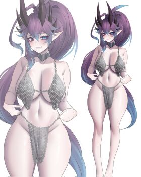 1girl armor bikini blue_eyes blue_hair breasts chainmail cooterzi cottontail_(vtuber) demon_girl gradient_hair heterochromia highres horns indie_virtual_youtuber large_breasts legs multicolored_hair multiple_horns no_nipples pointy_ears ponytail purple_eyes purple_hair swimsuit thick_thighs thighs virtual_youtuber white_background wide_hips