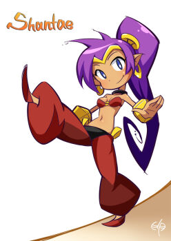 Rule 34 | 1girl, akai hirofuta, arabian clothes, baggy pants, bandeau, blue eyes, bracer, breasts, character name, choker, copyright name, dark-skinned female, dark skin, earrings, female focus, goosestepping, harem pants, high ponytail, hoop earrings, jewelry, long hair, lots of jewelry, navel, pants, pointy ears, pointy shoes, ponytail, purple hair, shantae, shantae: half-genie hero, shantae (series), shoes, small breasts, smile, solo, tiara, very long hair, walking, wayforward