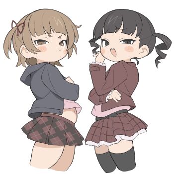 Rule 34 | 2girls, :d, angry, belly, black eyes, black hair, black hoodie, black thighhighs, blush stickers, brown eyes, brown hair, closed mouth, commentary request, cowboy shot, cropped legs, crossed arms, drill hair, from side, hair ribbon, hand up, highres, hood, hood down, hoodie, jacket, ketsu juuji killer (kejuki), layered skirt, long sleeves, looking at viewer, looking to the side, marui mitsuba, medium hair, mesugaki, midriff peek, miniskirt, mitsudomoe (manga), multiple girls, navel, one side up, open clothes, open hoodie, open mouth, pink shirt, plaid clothes, plaid skirt, pleated skirt, raised inner eyebrows, red jacket, red ribbon, red skirt, ribbon, shirt, simple background, skirt, smile, standing, sugisaki miku, teeth, thick thighs, thighhighs, thighs, tsurime, twin drills, upper teeth only, v-shaped eyebrows, white background, zettai ryouiki