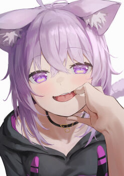 1girl 1other :3 absurdres ahoge animal_ear_fluff animal_ears black_choker black_hoodie breasts cat_choker cat_ears cat_girl cat_tail choker commentary fang hair_between_eyes hand_in_another&#039;s_mouth highres hololive hood hoodie looking_at_viewer nekomata nekomata_okayu nekomata_okayu_(1st_costume) open_mouth pov purple_eyes purple_hair simple_background smile suspicious_egg_dish tail tokaki tongue virtual_youtuber