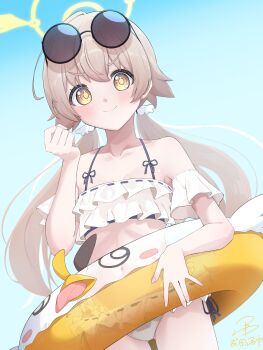 Rule 34 | 1girl, absurdres, bare shoulders, beach, bikini, blonde hair, blue archive, blush, closed mouth, collarbone, commentary request, eyelashes, eyewear on head, fingernails, frills, hair between eyes, hair ornament, hair ribbon, halo, halterneck, hand up, hifumi (blue archive), hifumi (swimsuit) (blue archive), highres, innertube, long hair, looking at viewer, low twintails, nail polish, narita fuyu, navel, ocean, official alternate costume, pink nails, ribbon, ribbon-trimmed bikini, ribbon trim, round eyewear, ruffle bikini, side-tie bikini bottom, sidelocks, smile, solo, standing, stomach, sunglasses, swim ring, swimsuit, twintails, white bikini, white ribbon, yellow eyes, yellow halo