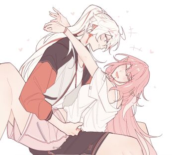 2girls blush breasts carrying carrying_person commentary elf elysia_(herrscher_of_human:_ego)_(honkai_impact) elysia_(honkai_impact) highres honkai_(series) honkai_impact_3rd jacket kiana_kaslana kiana_kaslana_(herrscher_of_flamescion) kiana_kaslana_(void_drifter) long_hair medium_breasts multicolored_hair multicolored_jacket multiple_girls official_alternate_costume orange_hair pink_hair pink_shorts pointy_ears ponytail riejiu self_cosplay shirt shorts simple_background smile streaked_hair symbol-only_commentary two-tone_hair very_long_hair white_background white_hair white_jacket white_shirt yuri