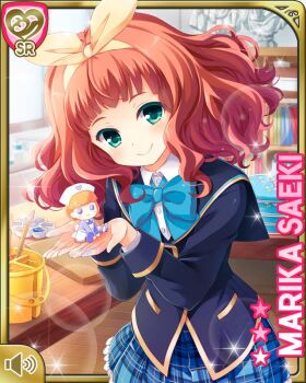 1girl backpack bag bench blue_bow blue_jacket bookshelf bow button character_name closed_mouth curly_hair desk girlfriend_(kari) green_eyes hair_bow hair_over_shoulder holding holding_toy indoors jacket looking_at_viewer medium_hair nurse official_art pail plaid_clothes plaid_skirt qp:flapper red_hair ribbon saeki_marika school_uniform shirt skirt smile standing stuffed_toy tagme toy white_shirt window wooden_bench yellow_ribbon