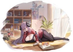 Rule 34 | 1girl, apron, artist request, azur lane, black-framed eyewear, black apron, black horns, black panties, black pantyhose, blush, book, bottle, breasts, cleavage, cola, controller, curled horns, framed breasts, friedrich carl (a game of love) (azur lane), friedrich carl (azur lane), game cartridge, game console, game controller, highres, holding, holding controller, holding game controller, horns, huge breasts, indoors, long bangs, long hair, long sleeves, looking at viewer, lying, manga (object), mole, mole on breast, mole under mouth, non-web source, official alternate costume, official art, on floor, on side, open mouth, panties, pantyhose, plant, poster (object), potted plant, purple eyes, purple hair, red sweater, semi-rimless eyewear, shelf, smile, solo, sweater, underwear, very long hair